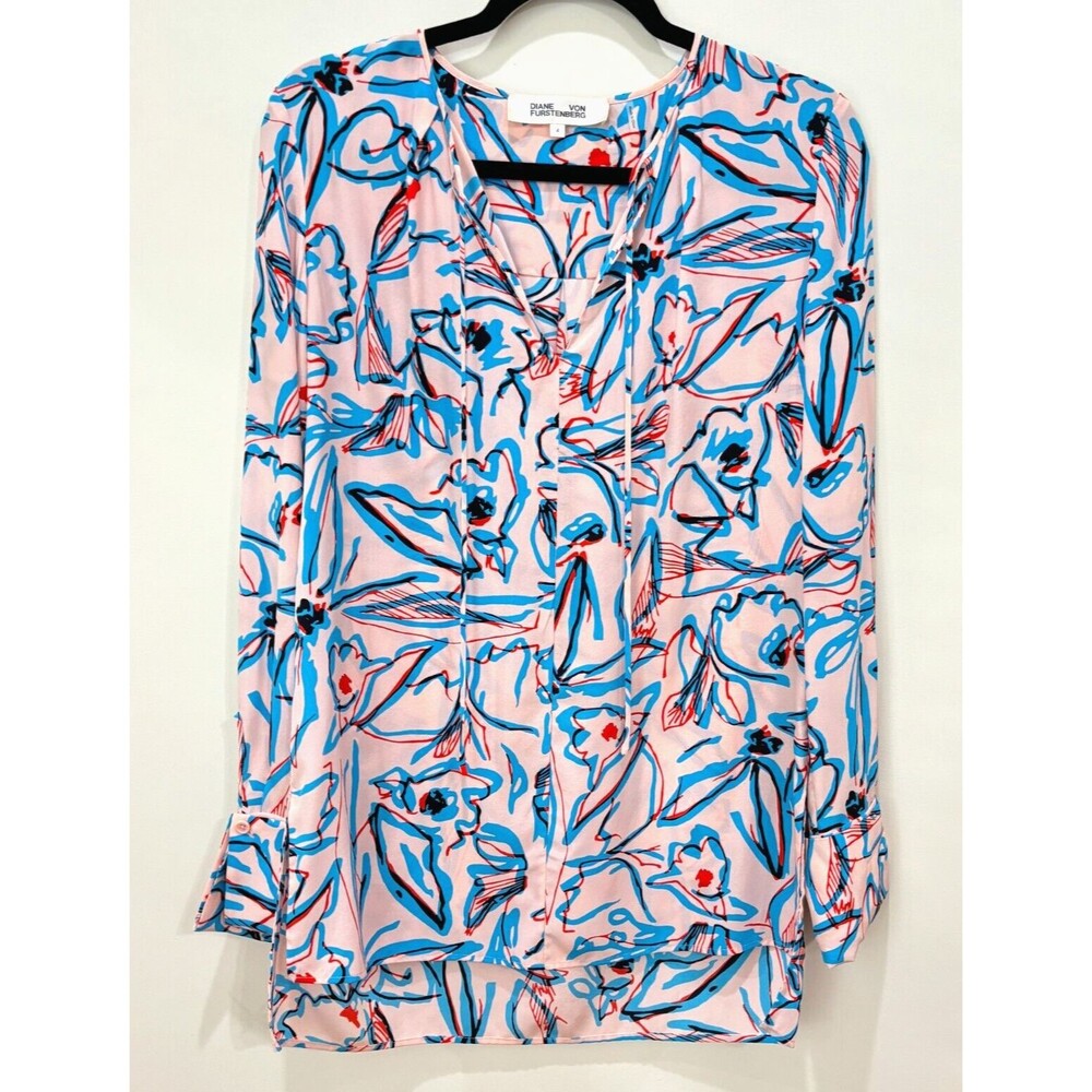 Diane Von Furstenberg Pink Blue Floral Silk Blouse Size 4 Oversized Boho Artsy